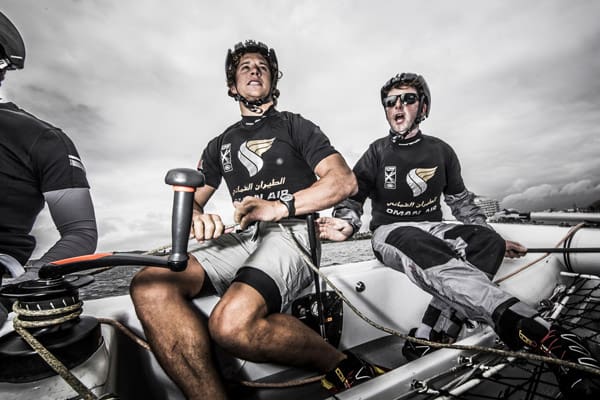 The Extreme Sailing Series 2015. Act 4 - Cardiff. UK Oman Air skippered by Stevie Morrison (GBR) and crewed by Nic Asher (GBR), Ed Powys (GBR), Ted Hackney (AUS) and Ali Al Balashi (OMA). Credit: Lloyd Images