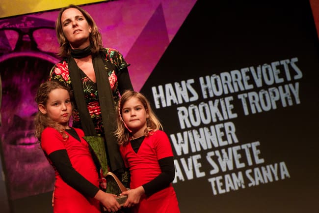 Petra Horrevoets, about to present Team Sanya under 30 crew member David Swete from New Zealand, with the Hans Horrevoets Rookie award for the Volvo Ocean Race 2011-12, at the Prize Giving Ceremony in Galway, Ireland, during the Volvo Ocean Race 2011-12.